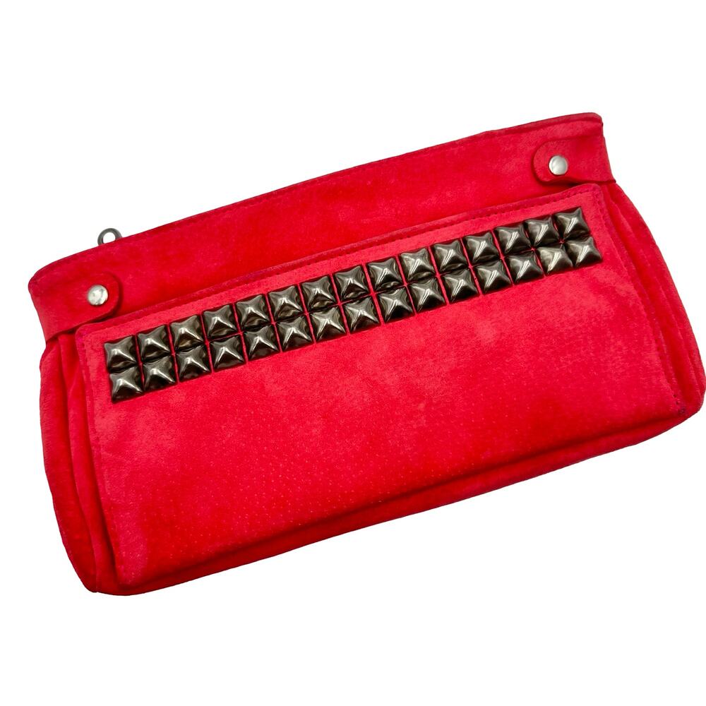 Tylie Malibu Coral Red Suede Clutch with Studs
